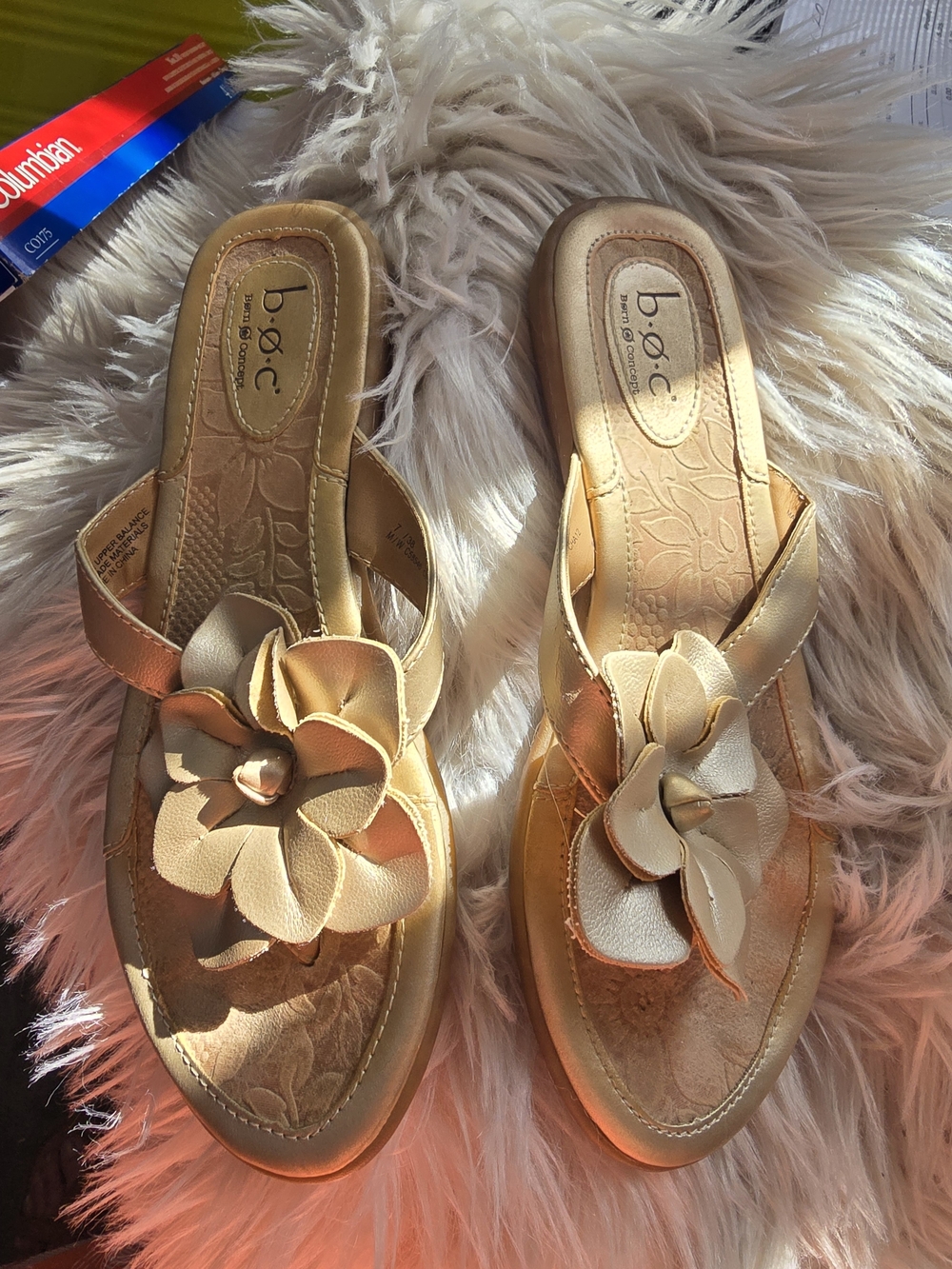 b.o.c. Beige Floral Leather Slide Mules